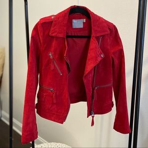 Bright Red Suede Biker Jacket